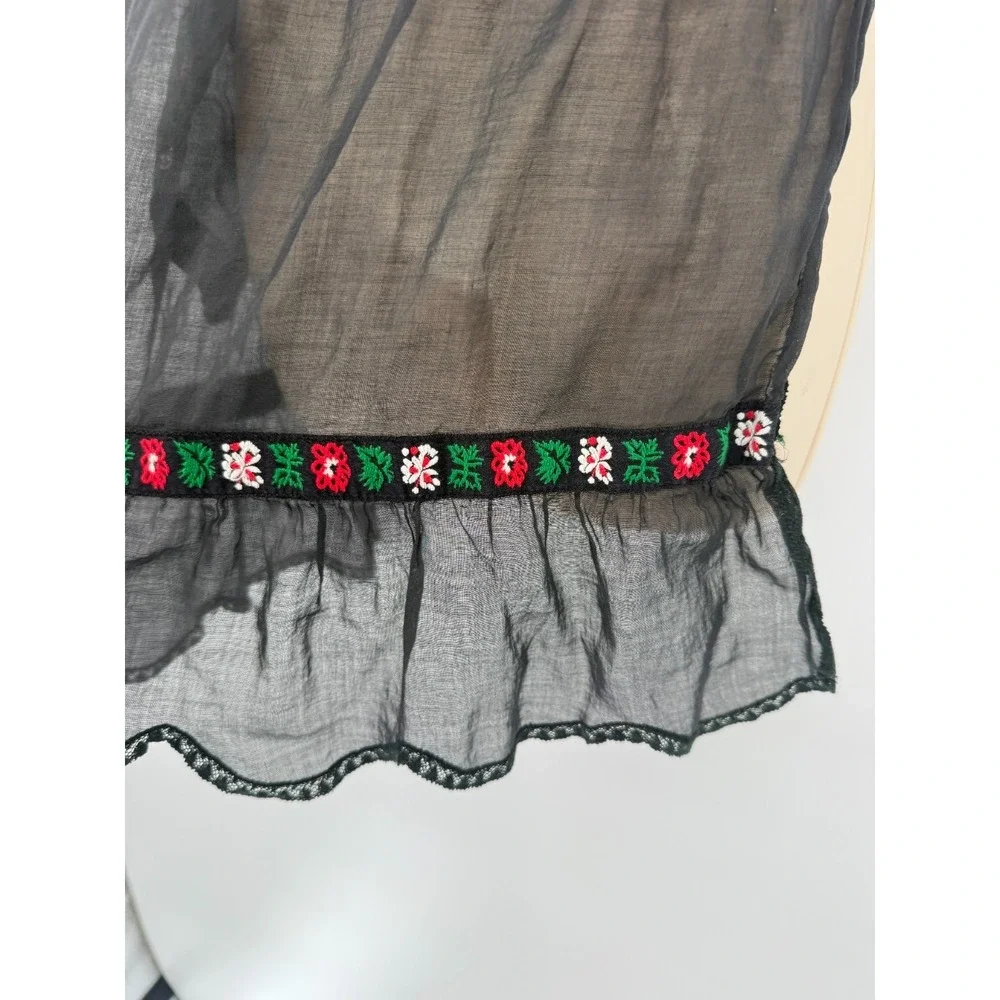 Vintage Sheer Black Embroidered Folk Apron Skirt Overlay Floral Trim Cottagecore